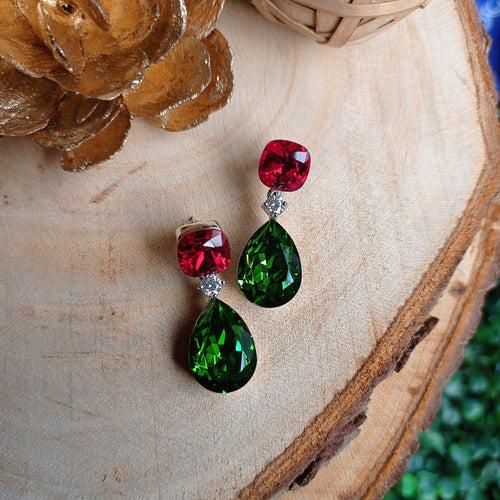 Sparkling Swarovski Earrings in Green Red