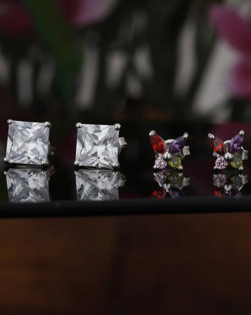 Carlton London Rhodium Plated Cz Set Of 2 Stud Earring For Women