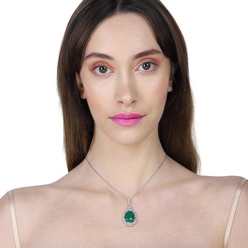 Carlton London Women'S Premium Silver & Green Toned Cubic Zirconia Studded Rhodium-Plated Oval Pendant With Chain Fjn4157