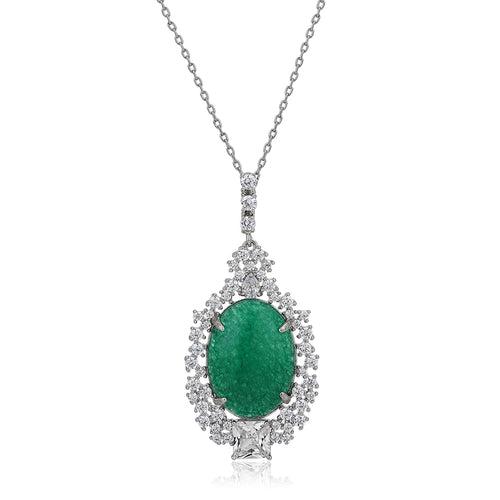Carlton London Women'S Premium Silver & Green Toned Cubic Zirconia Studded Rhodium-Plated Oval Pendant With Chain Fjn4157