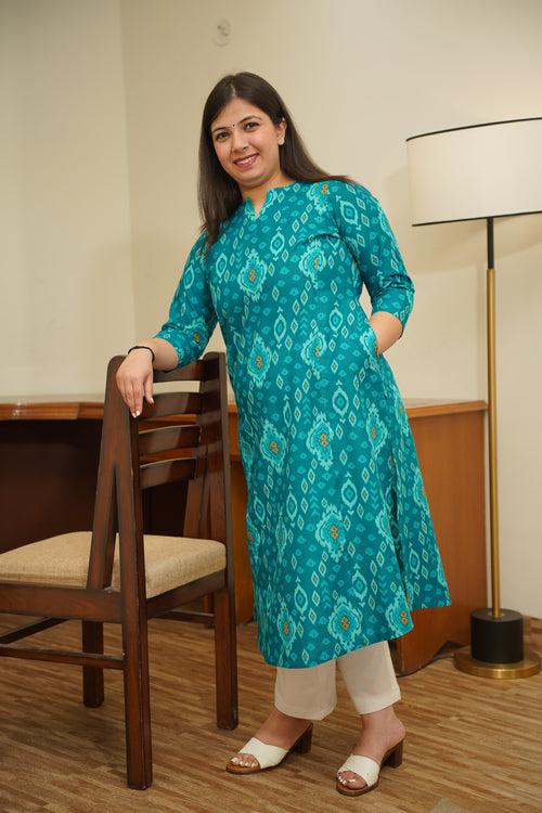 Blue Jade A-line Cotton Kurta