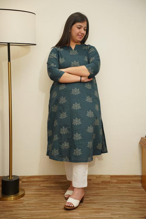 Peacock Green Foiled Cotton Kurta