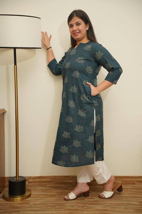 Peacock Green Foiled Cotton Kurta