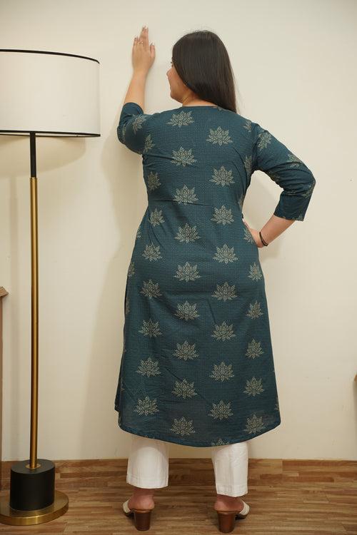 Peacock Green Foiled Cotton Kurta