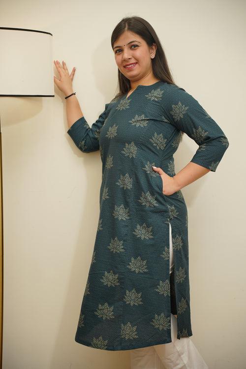 Peacock Green Foiled Cotton Kurta