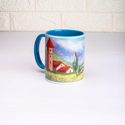 Countryside Landscape Mug with Coaster - Blue