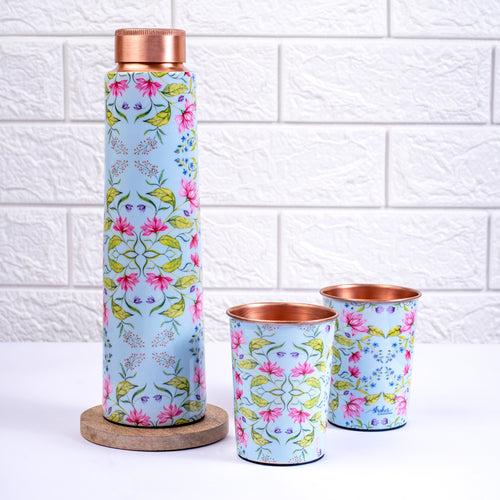 Summer Florescence Light Blue Copper Bottle and Tumbler Set