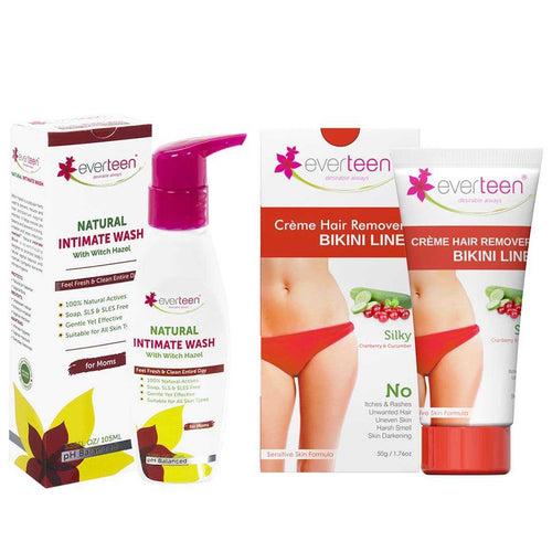 everteen Value Combo - Bikini Line Hair Removal Creme SILKY and Witch Hazel Intimate Wash 105ml for Moms
