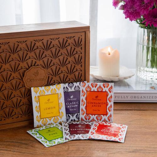 Assortment of fine teas - 90 teabags in Tropical Palm cutwork wooden box with a sliding lid