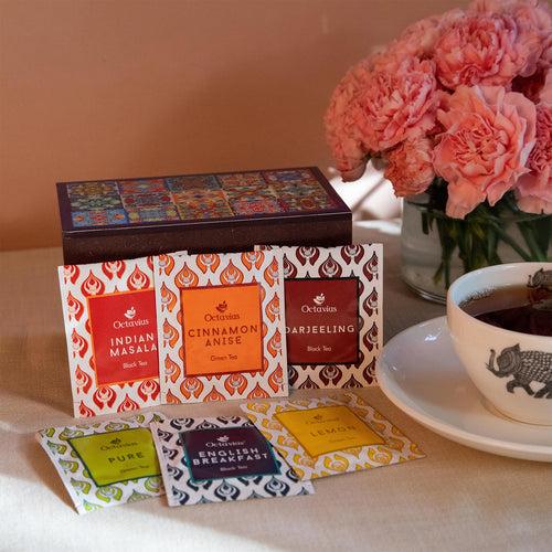 Assortment of Fine Teas- 30 Tea Bags in Tile Motif Wooden box