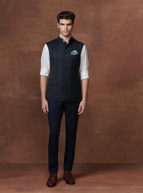 OPULENT BLACK CHECKERED ELEGANCE WAISTCOAT