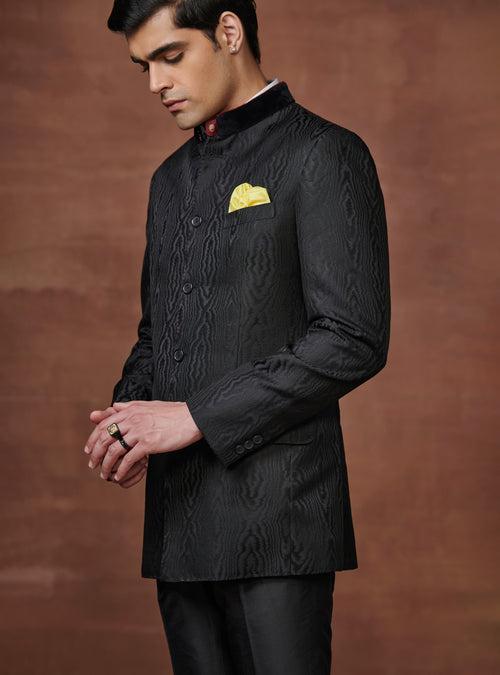 ELEGANT EXCELLENCE THE BLACK TEXTURED VELVET BANDHGALA