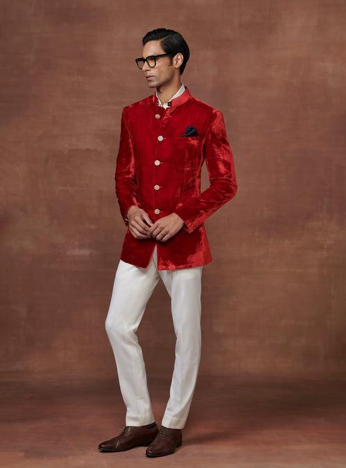 THE REGAL RED VELVET BANDHGALA JACKET