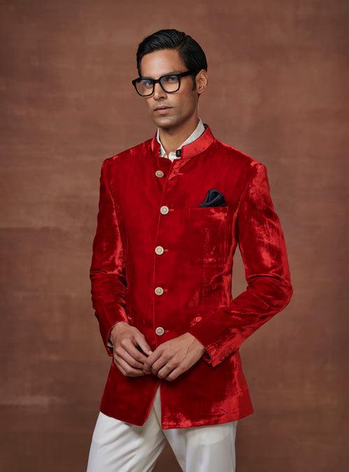 THE REGAL RED VELVET BANDHGALA JACKET