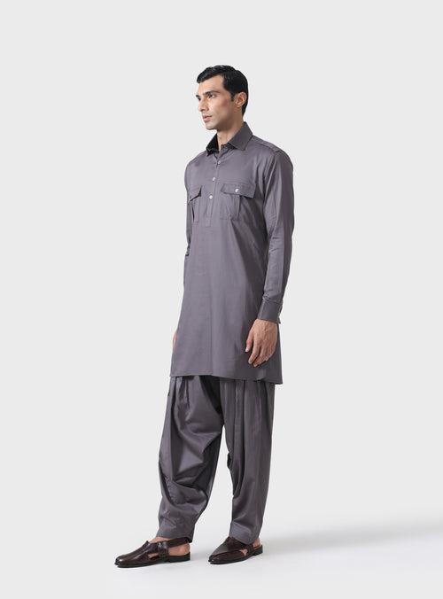 ELITE BESPOKE COMFORT GREY COTTON PATHANI SUIT WITH EPAULETTES