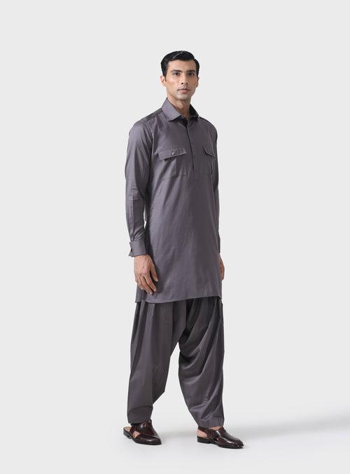 ELITE BESPOKE COMFORT GREY COTTON PATHANI SUIT WITH EPAULETTES