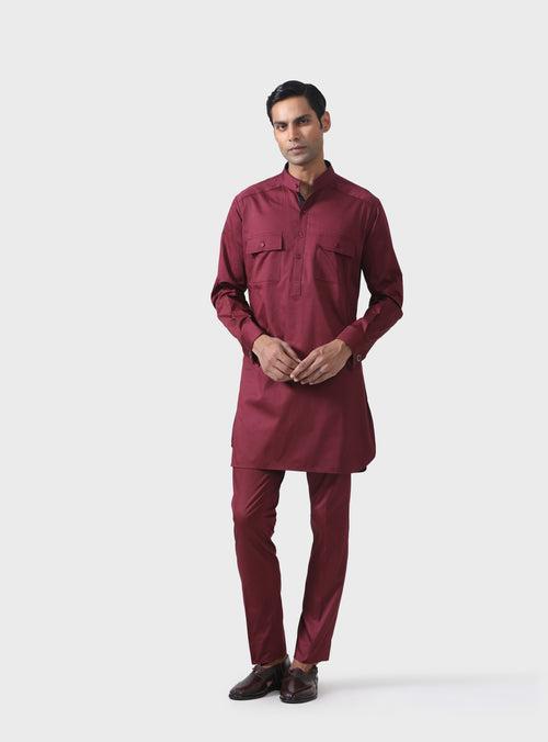 ELITE BESPOKE COMFORT MARRON COTTON PATHANI SUIT WITH SHALWAR