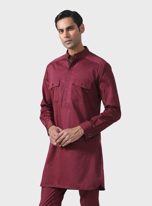 ELITE BESPOKE COMFORT MARRON COTTON PATHANI SUIT WITH SHALWAR