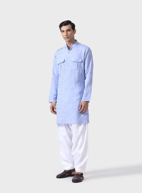 REGAL COMFORT LIGHT BLUE LINEN KURTA WITH PINTUCK DETAIL