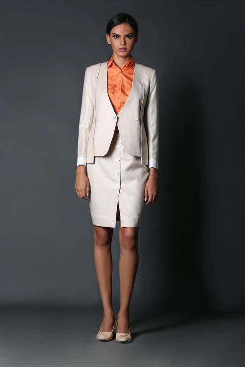 Beige V-Neck Layered  & Beige Front Buttoned Suit