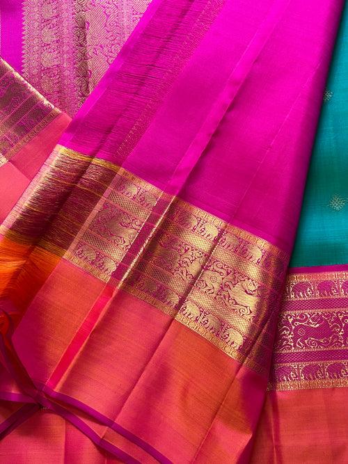 Mayuri with pink kaal erangina korvai / Kanchipuram silk