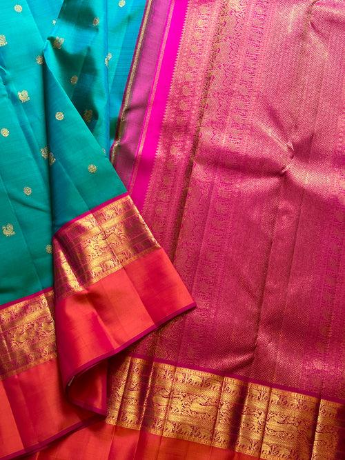 Mayuri with pink kaal erangina korvai / Kanchipuram silk