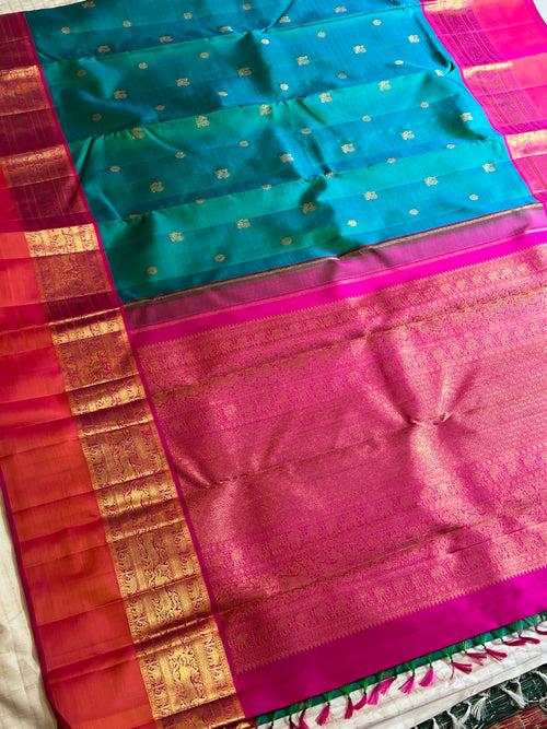 Mayuri with pink kaal erangina korvai / Kanchipuram silk