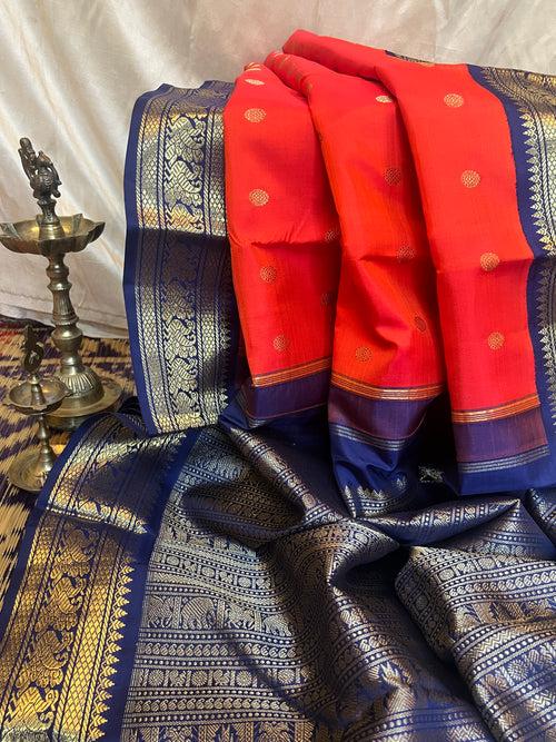 Orange with blue - korvai kanjipuram silk