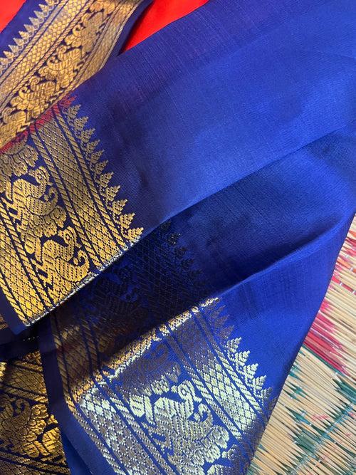 Orange with blue - korvai kanjipuram silk