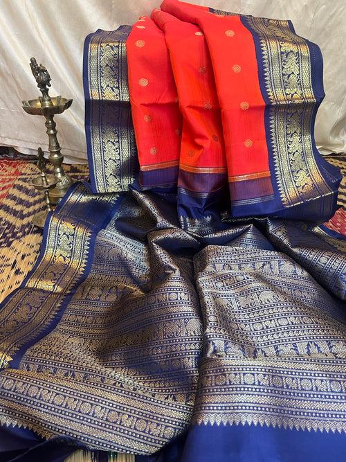 Orange with blue - korvai kanjipuram silk