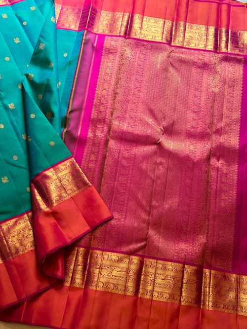 Mayuri with pink kaal erangina korvai / Kanchipuram silk