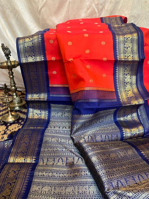 Orange with blue - korvai kanjipuram silk