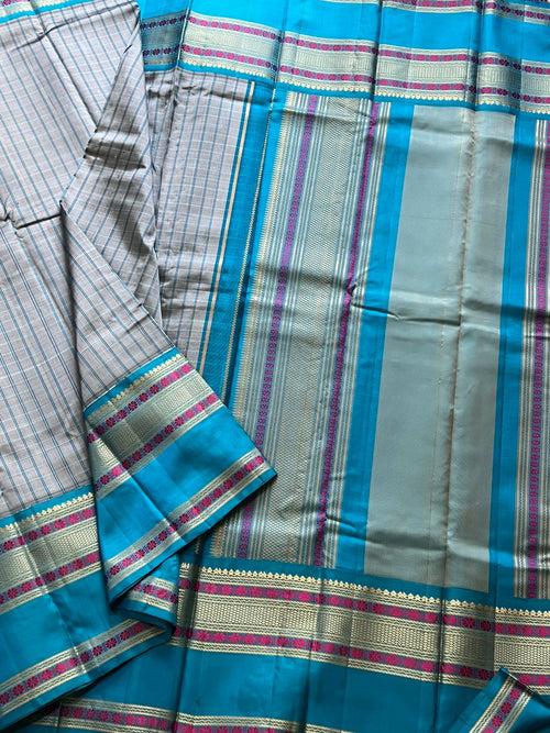 GREY SHOT BLUE- KANJIVARAM SOFT SILK THREAD WORK SAREE