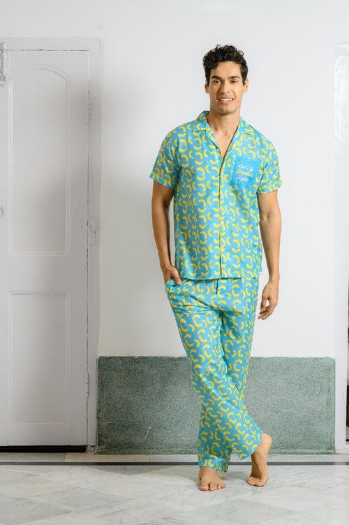 Sky Blue Banana Print Night Suit: Let's Go Bananas Together