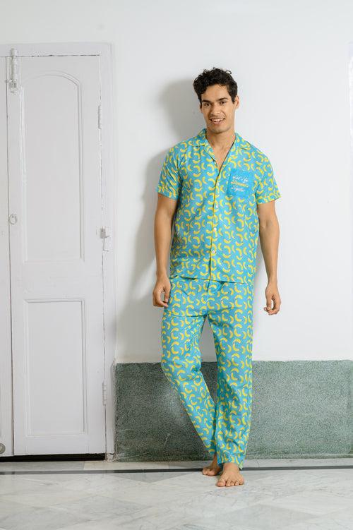 Sky Blue Banana Print Night Suit: Let's Go Bananas Together