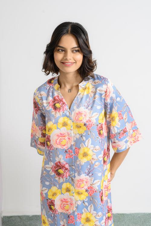 Boyfriend's Charm: Flower Printed Night Shirt in Blue-Grey