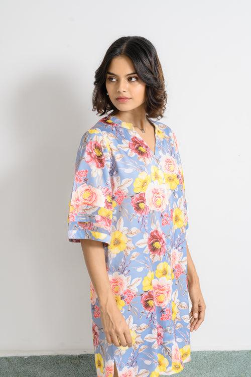 Boyfriend's Charm: Flower Printed Night Shirt in Blue-Grey