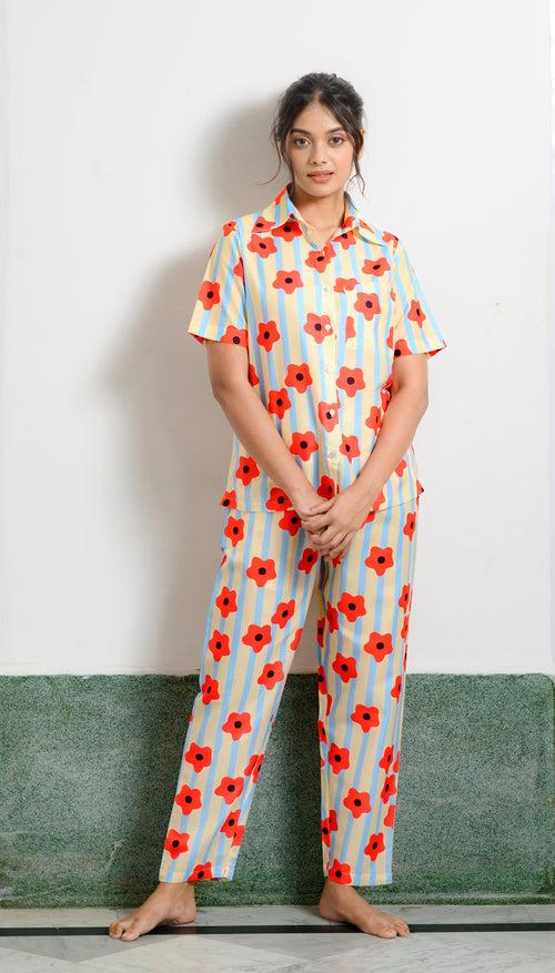 FLORAL BLISS: POP FLOWER PRINT PAJAMA SET IN MUSLIN FABRIC