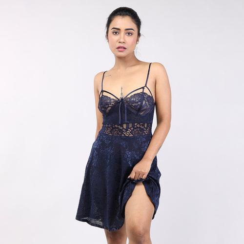 Women Navy Blue Italian Mesh Spaghetti Statement Sleepwear