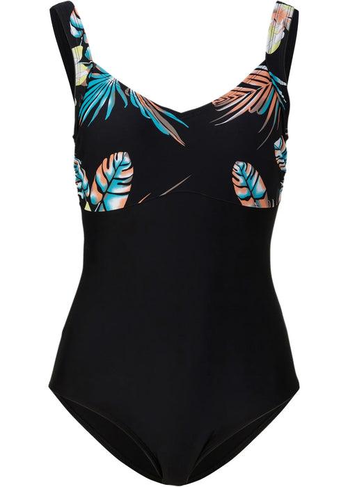 Women Black Printed V-Cut Swimming Costume