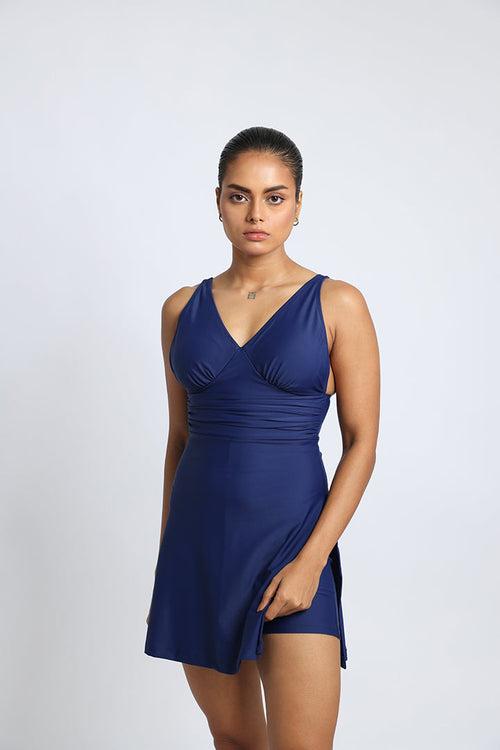 Navy Blue Frock-Style Swimwear with Shorts