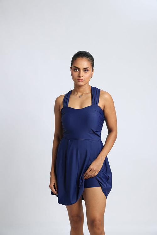 Navy Blue Sweetheart Neckline Frock-Style Swimsuit with Cross-Back Detail