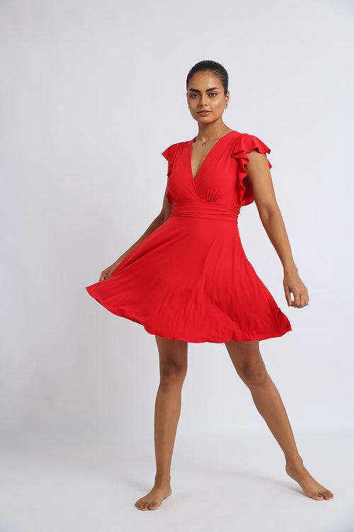 Red Frock-Style Swim Suit with Wrap Top and Frill Sleeves