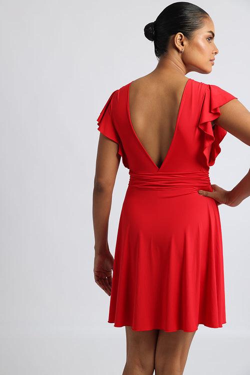 Red Frock-Style Swim Suit with Wrap Top and Frill Sleeves