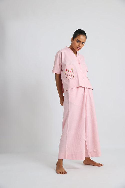 Pink Anti-fit Co-ord Set with Hand Embroidery Detail and Broad Pants