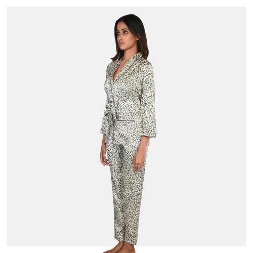 Women Animal Print Satin Night Suit Set