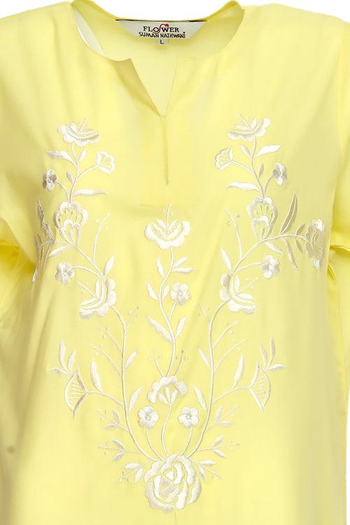 Women Lemon Yellow Machine Embroidery Butter Cotton Nighty