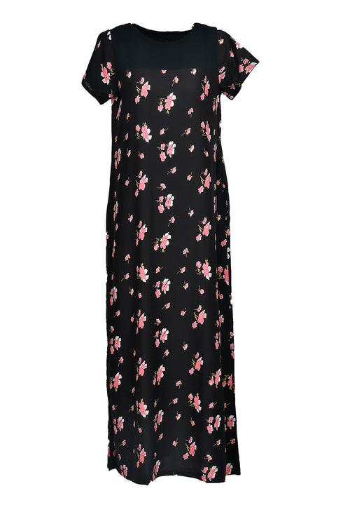 Women Black Floral Print Cotton Rayon Nighty