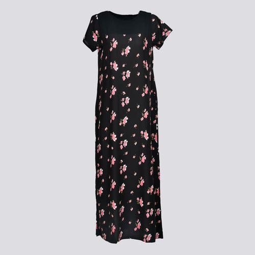 Women Black Floral Print Cotton Rayon Nighty