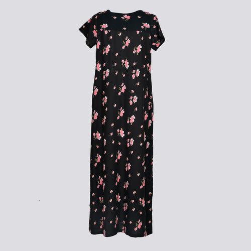 Women Black Floral Print Cotton Rayon Nighty